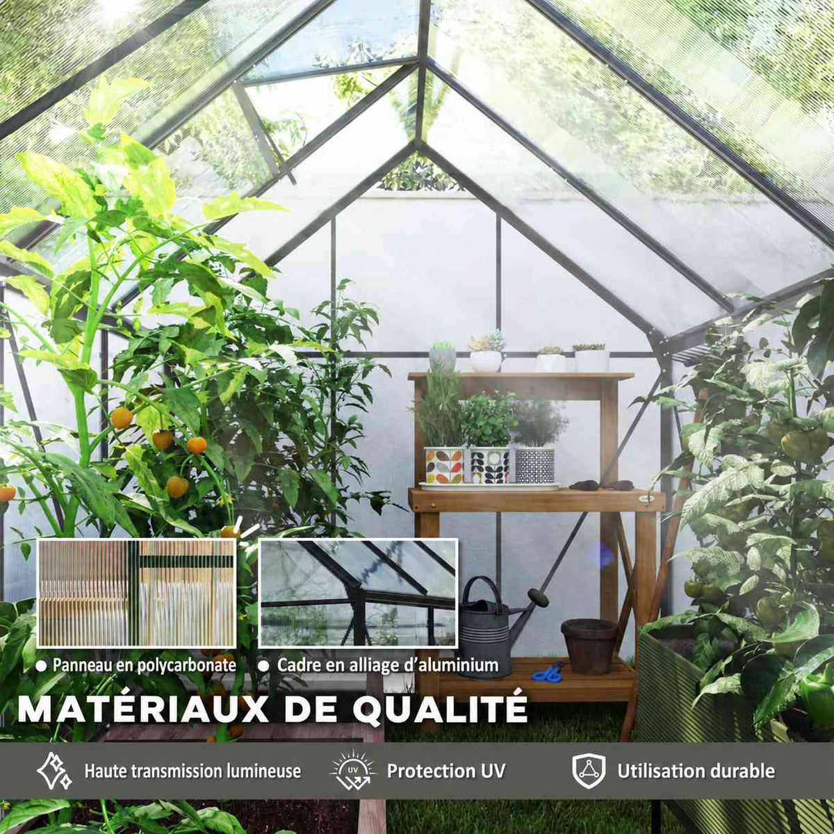 Intérieur de la serre grise avec détails des panneaux et de l’armature