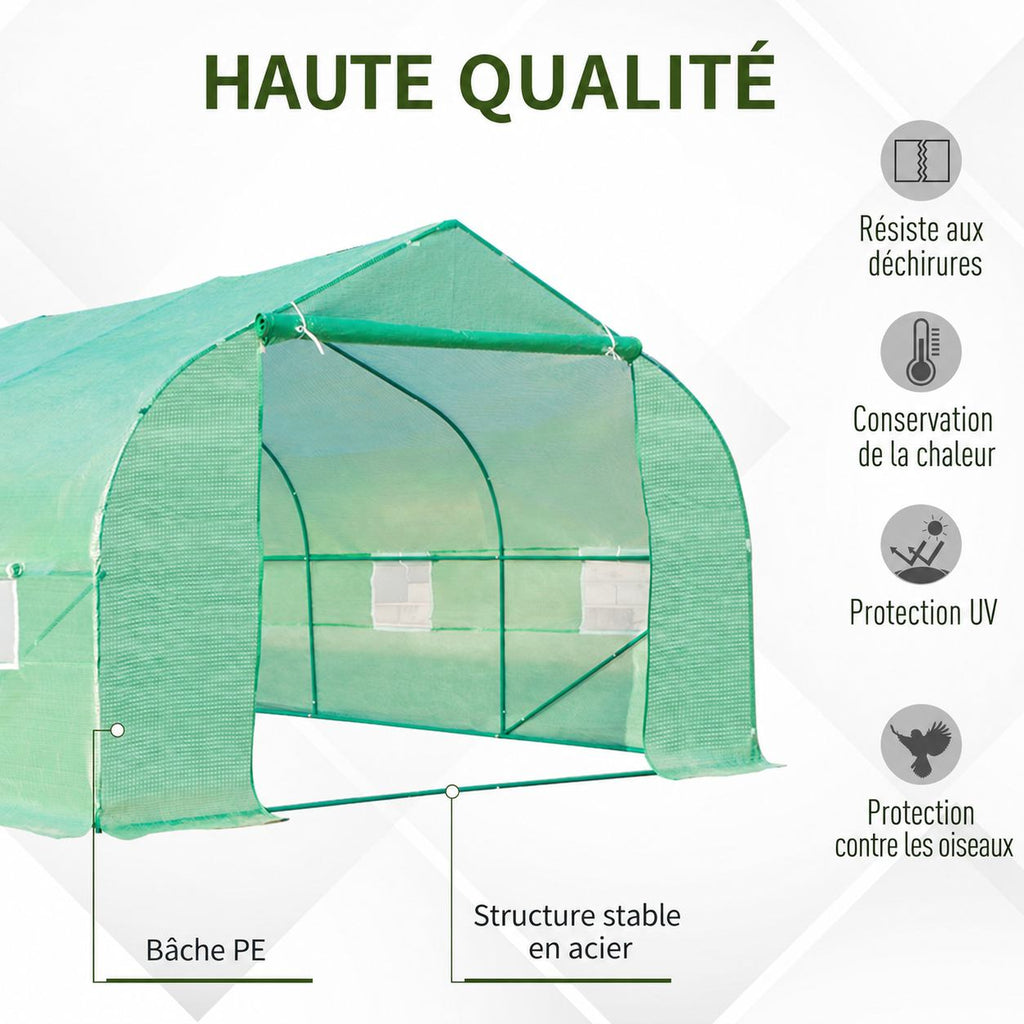 Présentation de la bâche verte et du cadre de la serre tunnel
