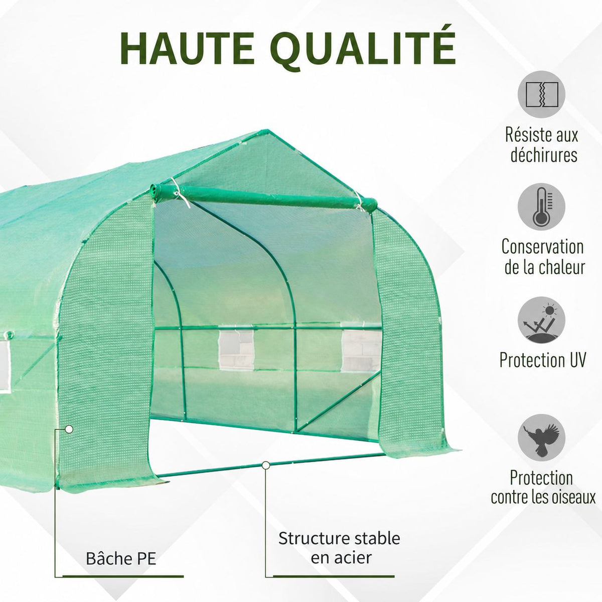 Présentation de la bâche verte et du cadre de la serre tunnel