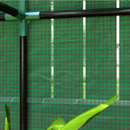 Détail intérieur de l’armature noire et des raccords verts de la mini serre