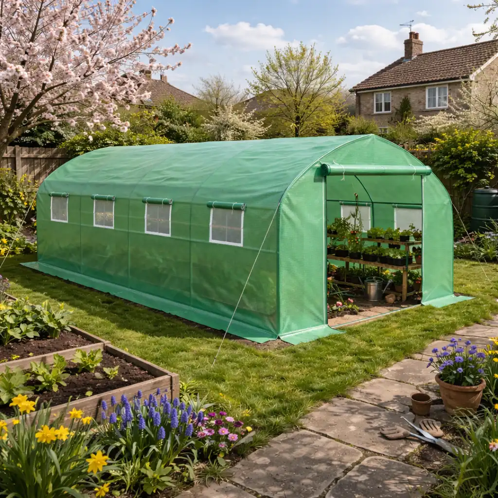 Serre tunnel verte installée dans un jardin avec cultures à l’intérieur