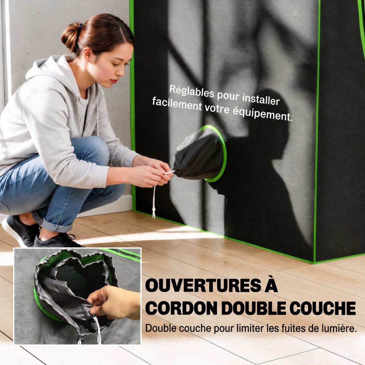 Femme ajustant un orifice à cordon de la chambre de culture noire
