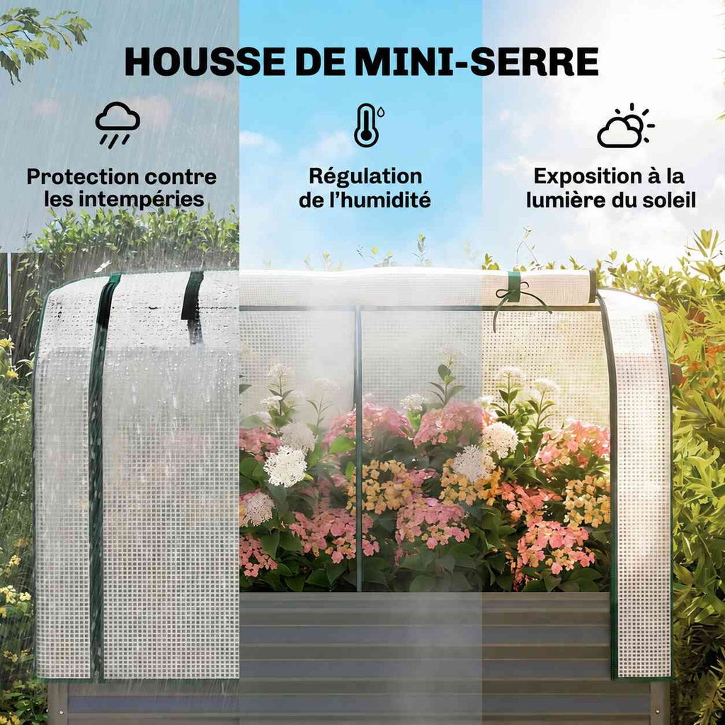 Housse translucide de la serre sur un bac potager gris fleuri