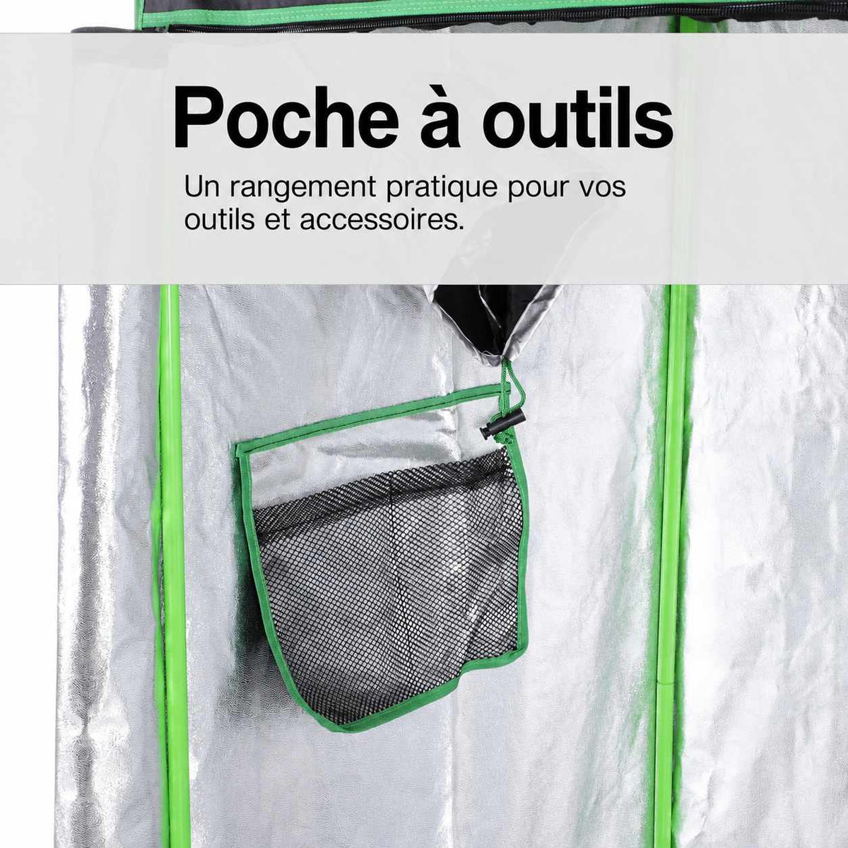 Poche de rangement en filet sur la paroi réfléchissante de la chambre