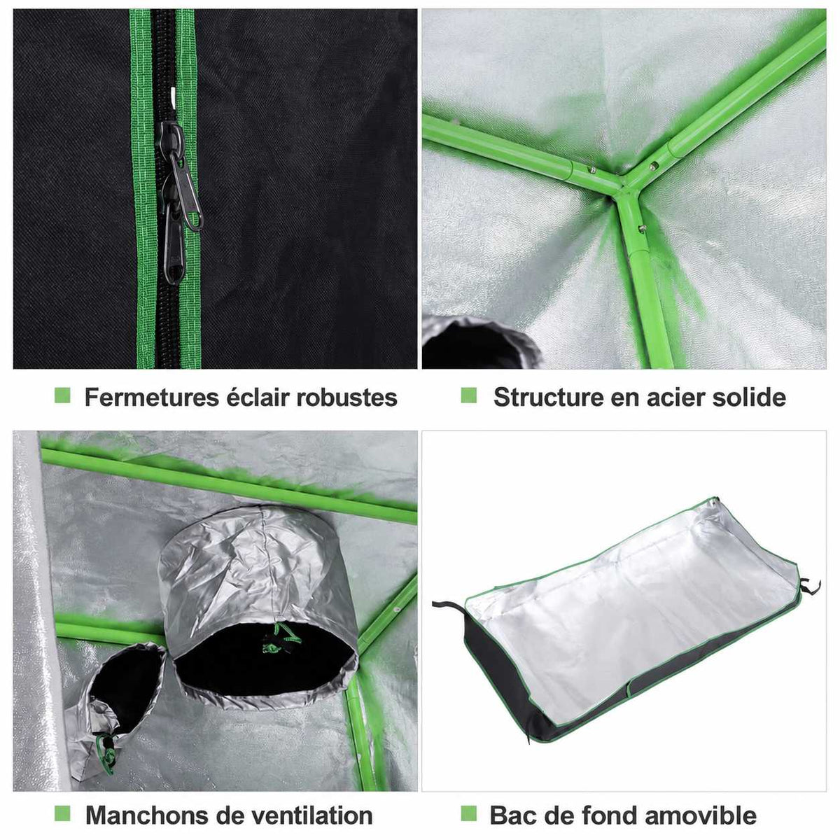 Détails des zips, du cadre, des aérations et du bac de sol