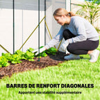 Femme jardinant dans la serre blanche avec détail d’un renfort diagonal