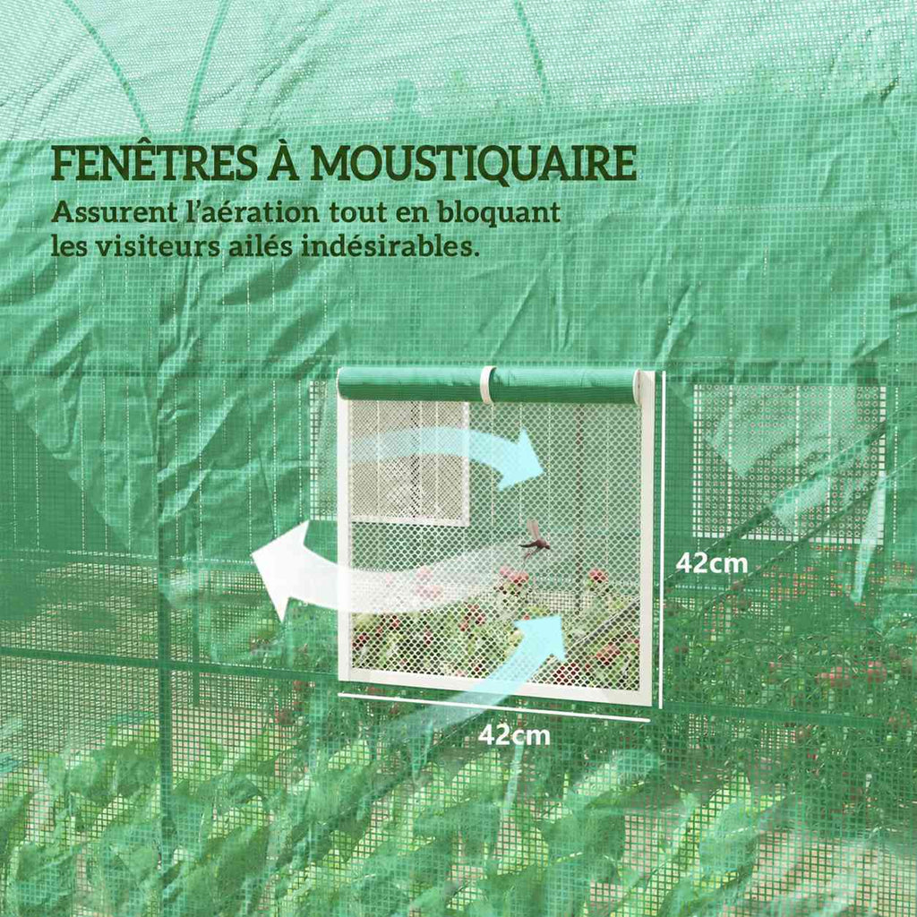 Fenêtre moustiquaire de 42 x 42 cm sur la serre tunnel verte