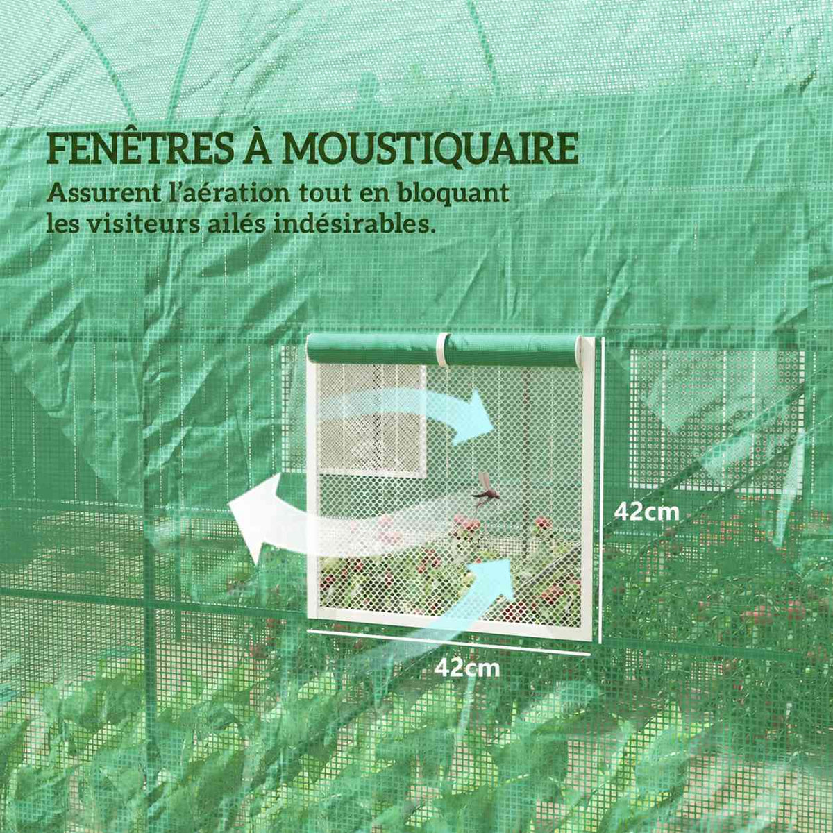 Fenêtre moustiquaire de 42 x 42 cm sur la serre tunnel verte