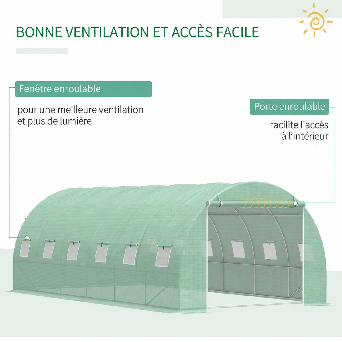 Présentation de la porte et des fenêtres enroulables de la serre verte