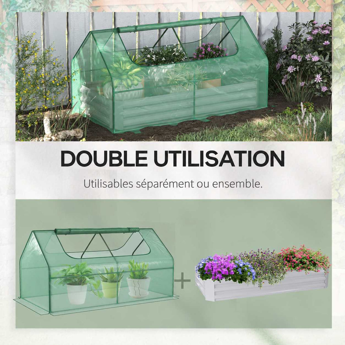 Illustration du bac potager et de la serre utilisés séparément