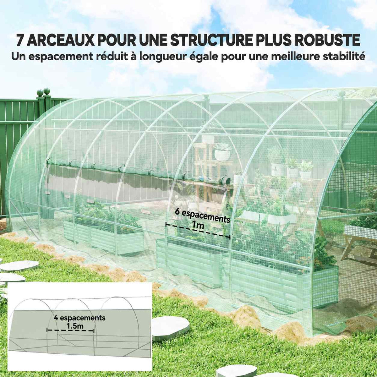 Présentation des sept arceaux du cadre de la serre tunnel verte