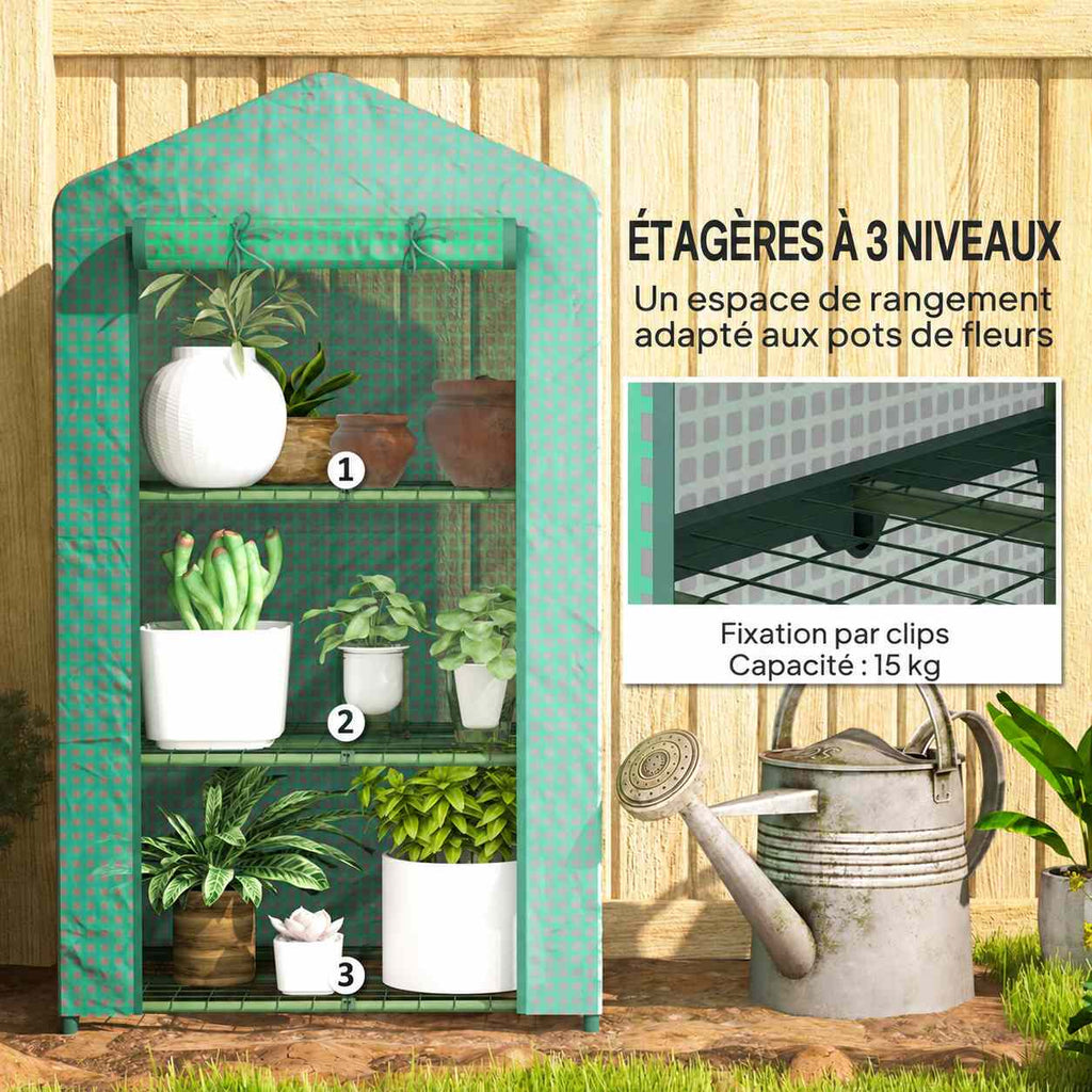 Mini serre verte avec trois étagères et détail de fixation d’une tablette
