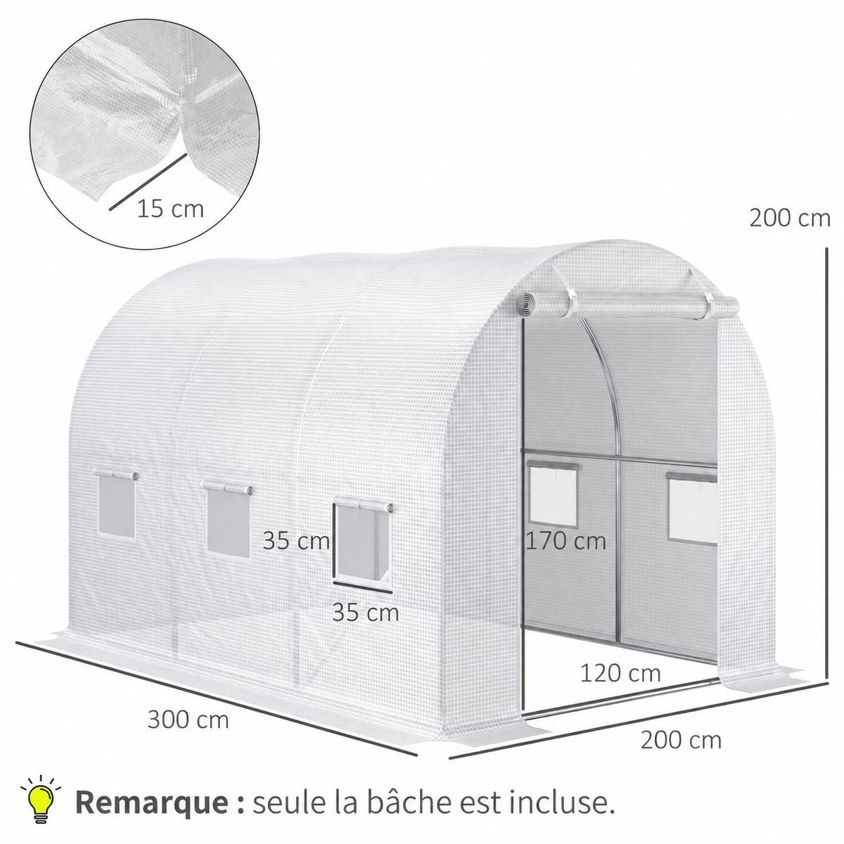 Dimensions de la bâche blanche pour serre tunnel : 300 x 200 x 200 cm
