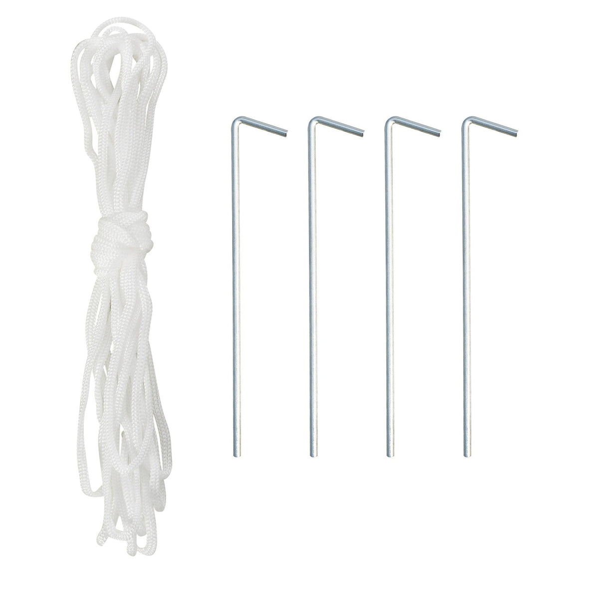 Corde blanche et quatre piquets métalliques pour la serre tunnel