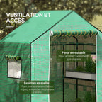 Housse verte avec porte enroulée et fenêtres grillagées