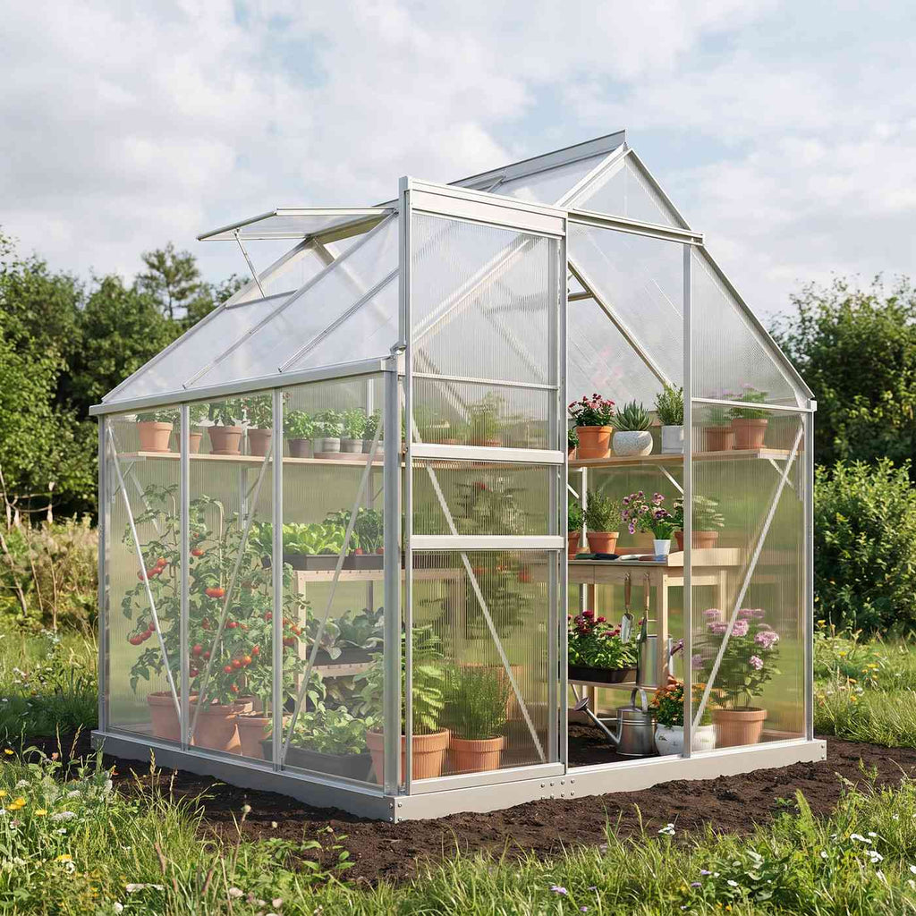 Serre argentée installée sur la terre du jardin