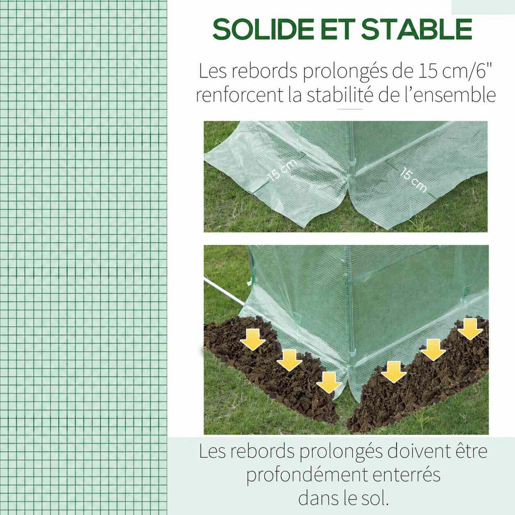 Quadrillage de la bâche verte et détail du bord prolongé à enterrer