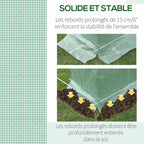 Quadrillage de la bâche verte et détail du bord prolongé à enterrer
