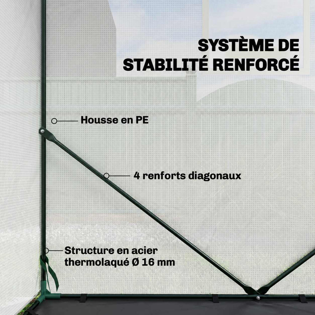 Détail de l’armature verte et du renfort diagonal de la serre blanche