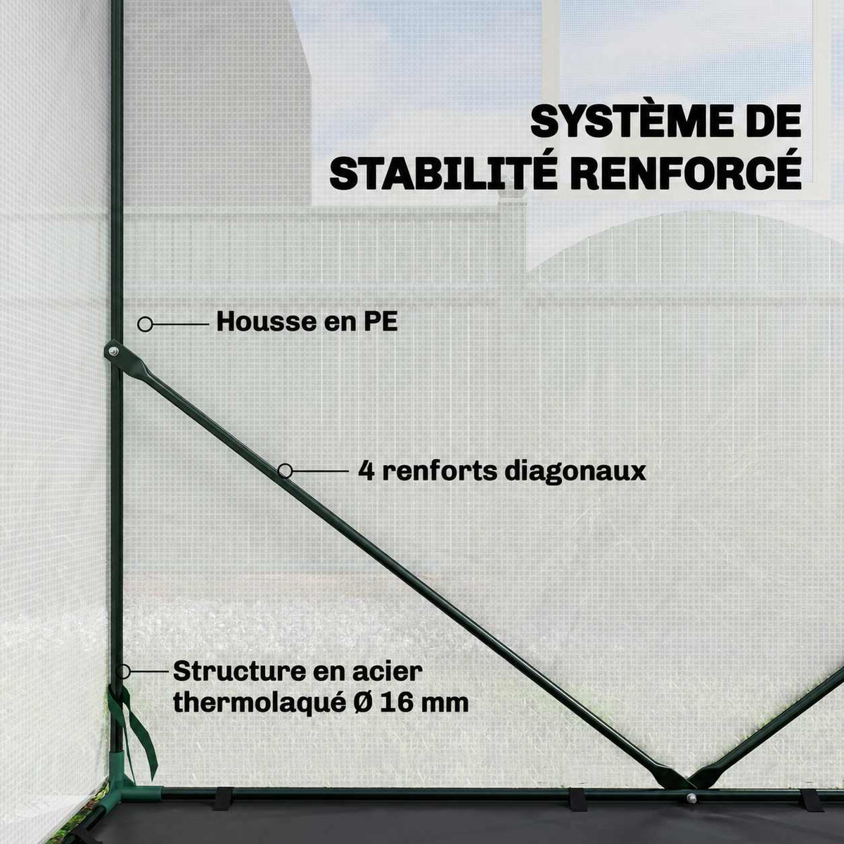 Détail de l’armature verte et du renfort diagonal de la serre blanche