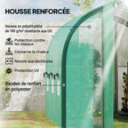 Détail de la housse verte et des bandes de renfort de la serre tunnel