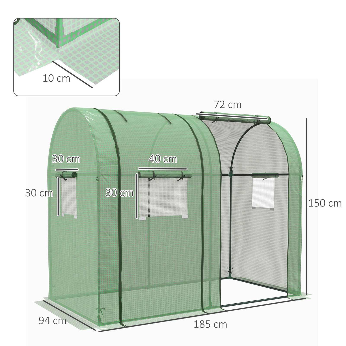Dimensions de la serre verte : 185 × 94 × 150 cm