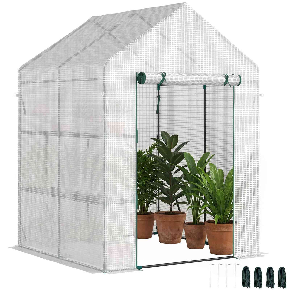 Serre blanche avec plantes, piquets et cordes
