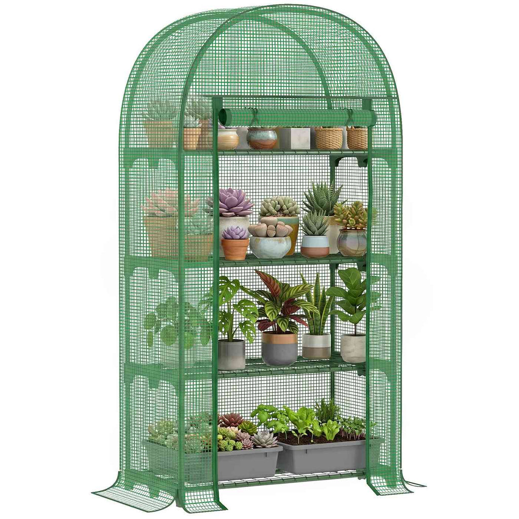 Mini serre verte à toit arrondi avec quatre niveaux de plantes