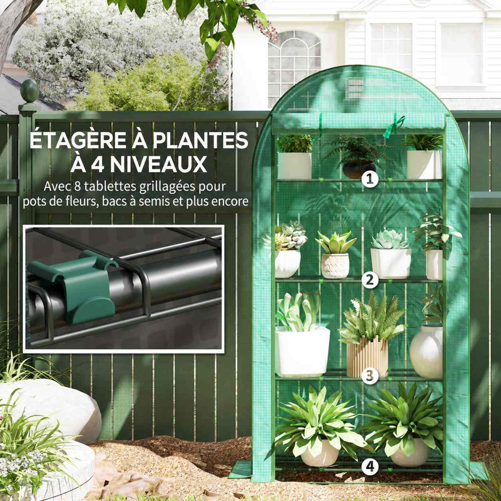 Serre de balcon verte avec quatre étagères et détail d’un raccord