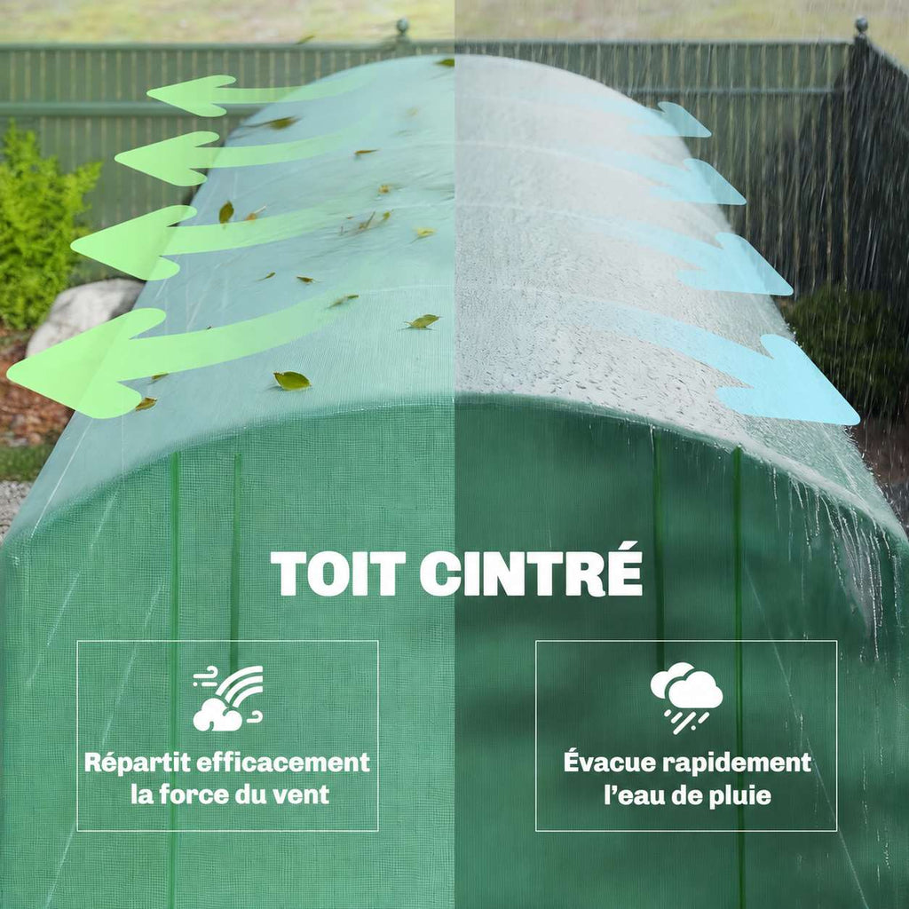 Toit arrondi de la grande serre tunnel avec illustrations du vent et de la pluie