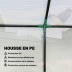 Détail intérieur de la housse blanche et d’un raccord de l’armature verte