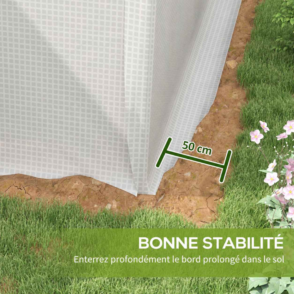 Détail du bord de bâche blanche prolongé de 50 cm