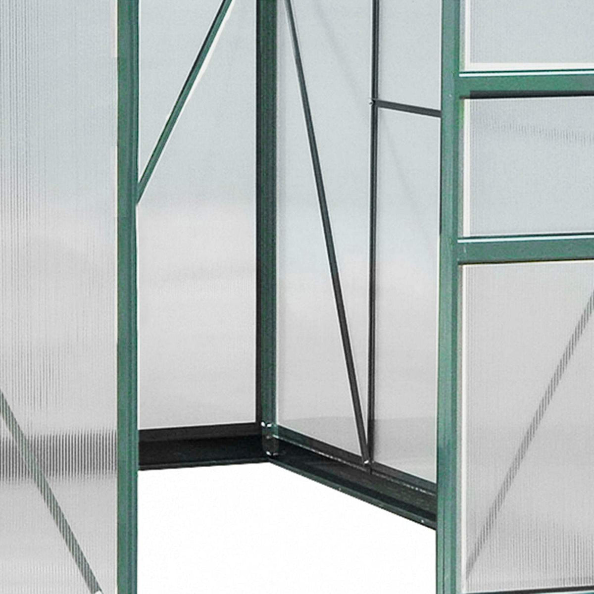 Ouverture de la porte et renfort d’angle de la serre vert foncé