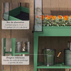 Bac potager vert fleuri avec détail de l’étagère de rangement inférieure