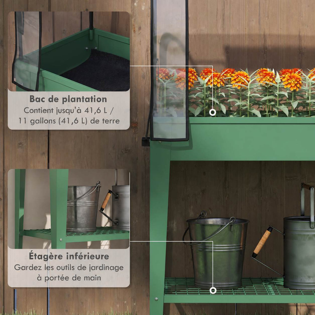 Bac potager vert fleuri avec détail de l’étagère de rangement inférieure