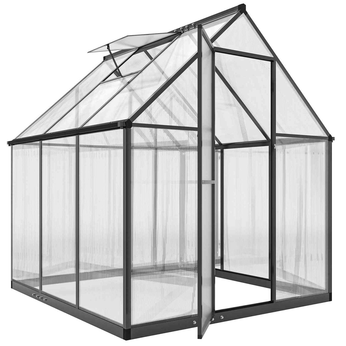 Serre de jardin noire en polycarbonate avec porte battante et lucarne ouverte