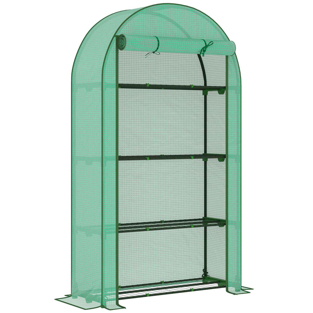 Serre de balcon verte à toit arrondi avec quatre étagères grillagées