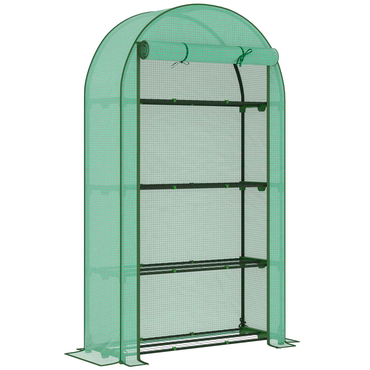 Serre de balcon verte à toit arrondi avec quatre étagères grillagées