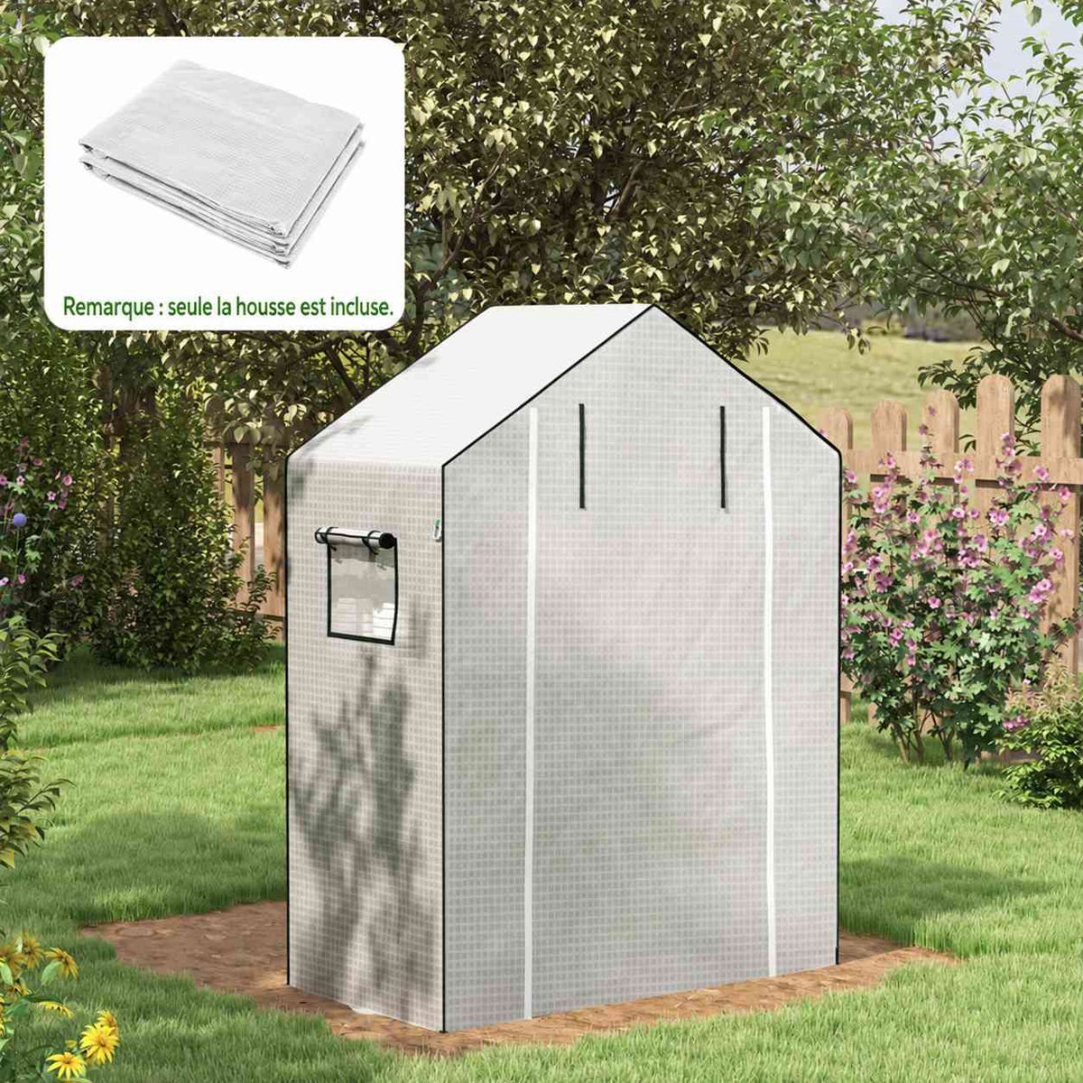Exemple de housse blanche montée sur une serre au jardin