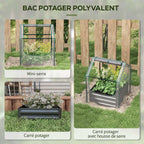 Carré potager gris présenté avec sa housse, sans housse et avec sa structure de serre