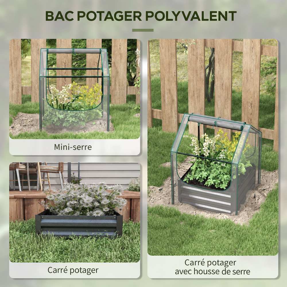 Carré potager gris présenté avec sa housse, sans housse et avec sa structure de serre