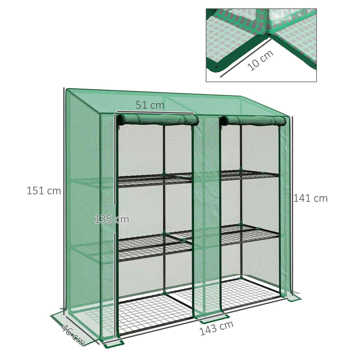 Dimensions de la serre verte : 143 × 46 × 151 cm