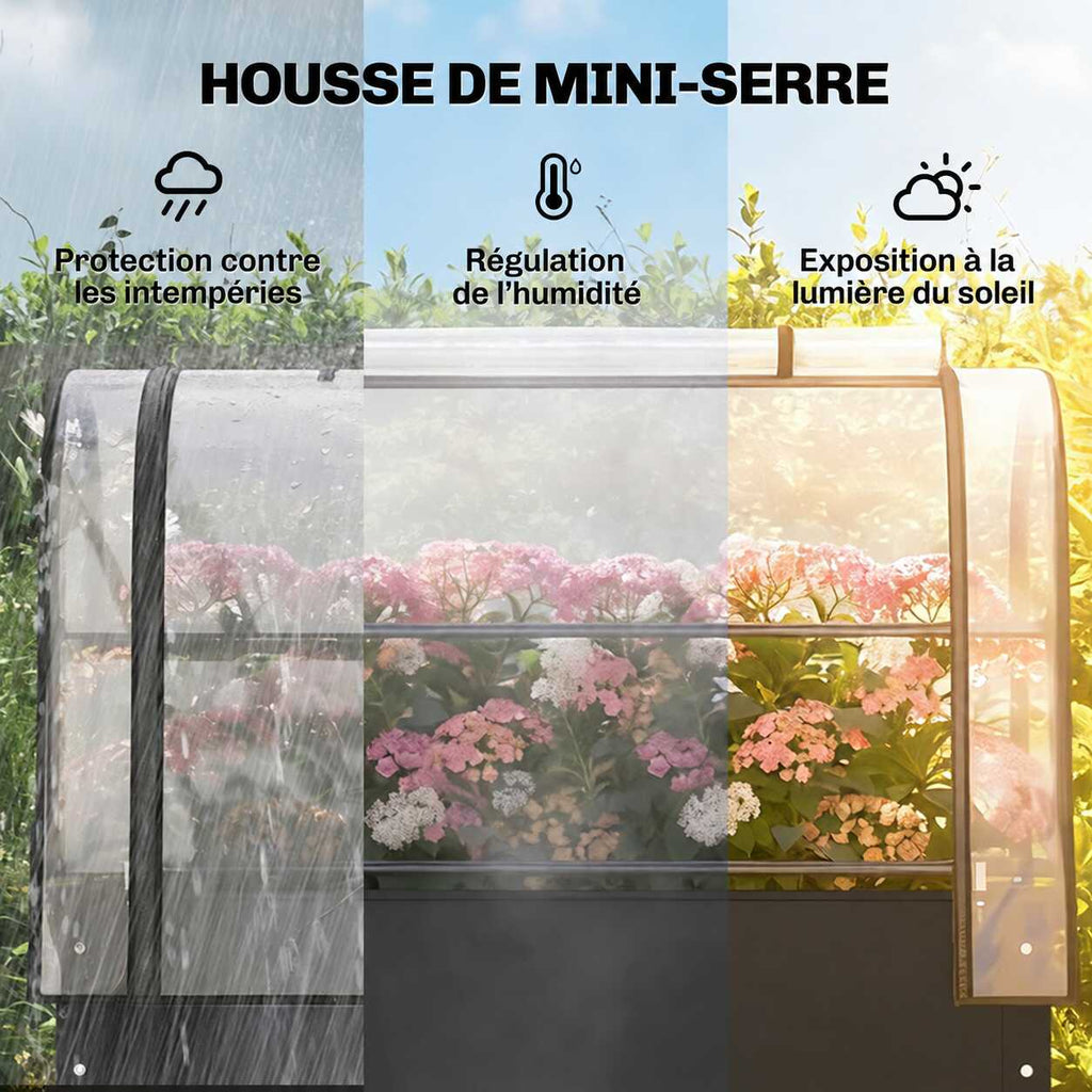 Housse de serre transparente couvrant un bac potager fleuri