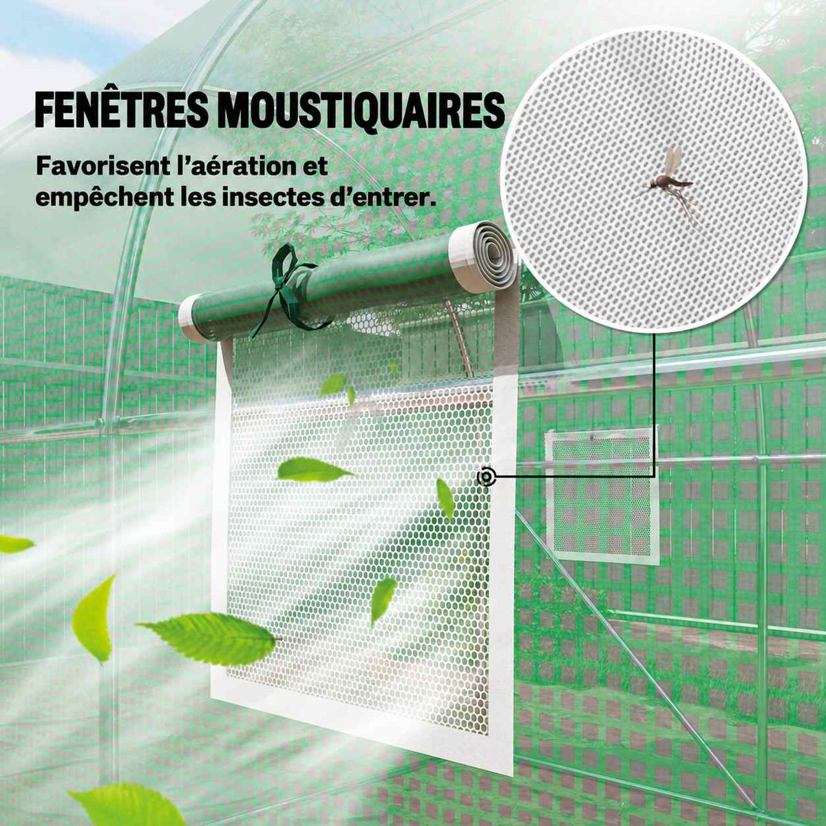 Détail d’une fenêtre à moustiquaire sur la serre tunnel verte