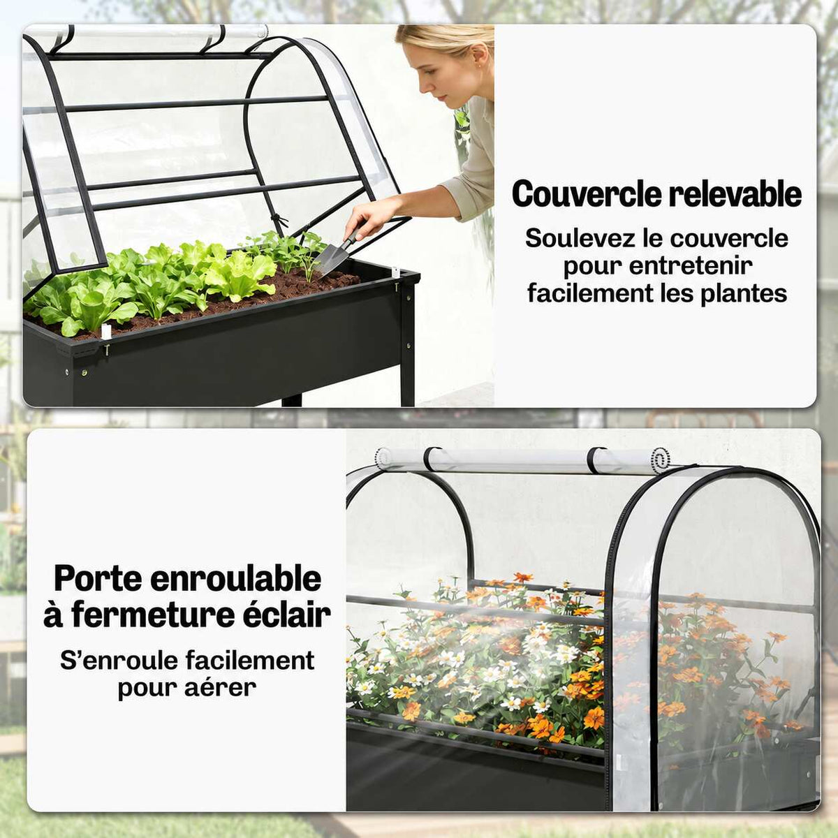 Illustration du couvercle relevable et de la porte enroulable du bac potager avec serre