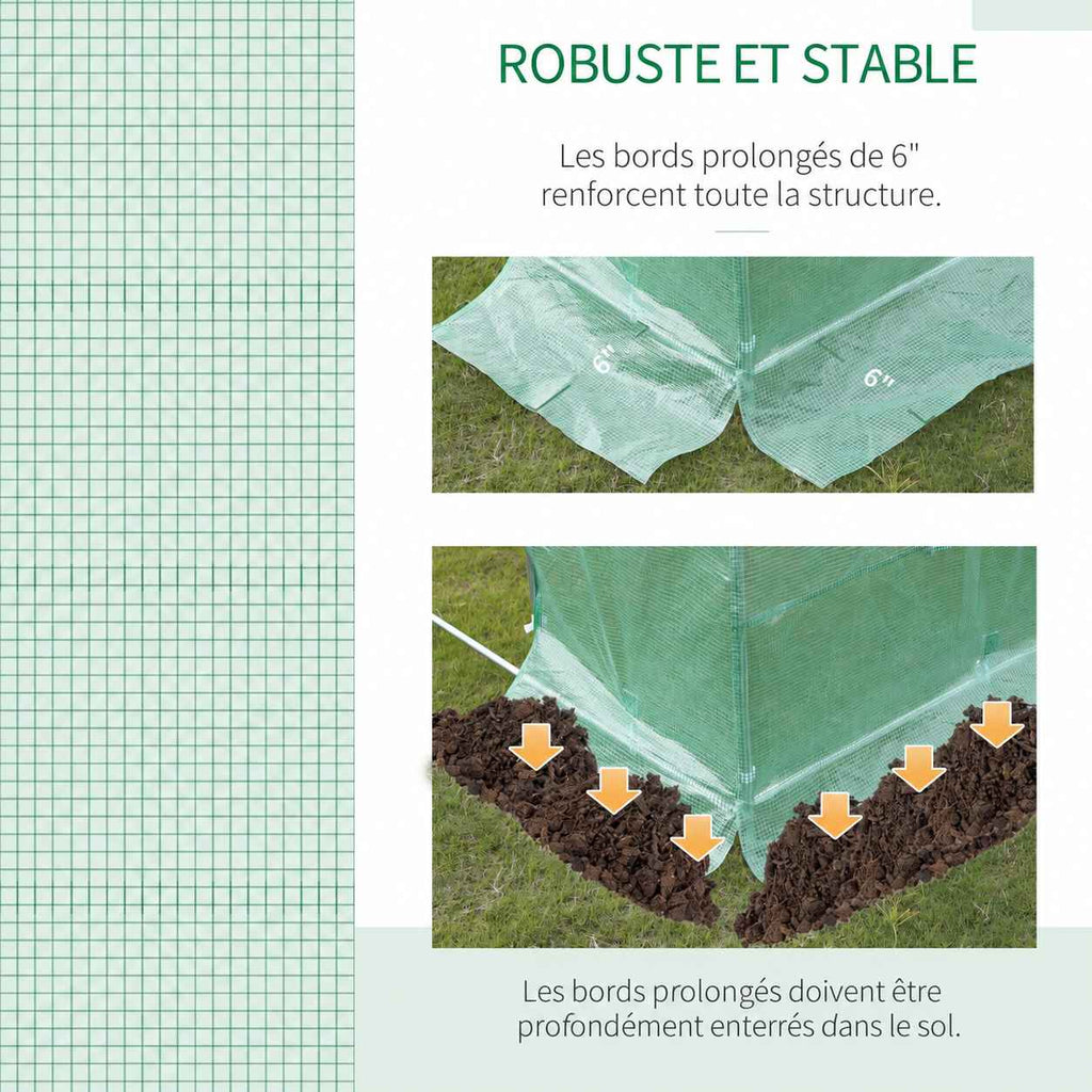 Bâche verte tramée et détail du bord prolongé à enterrer