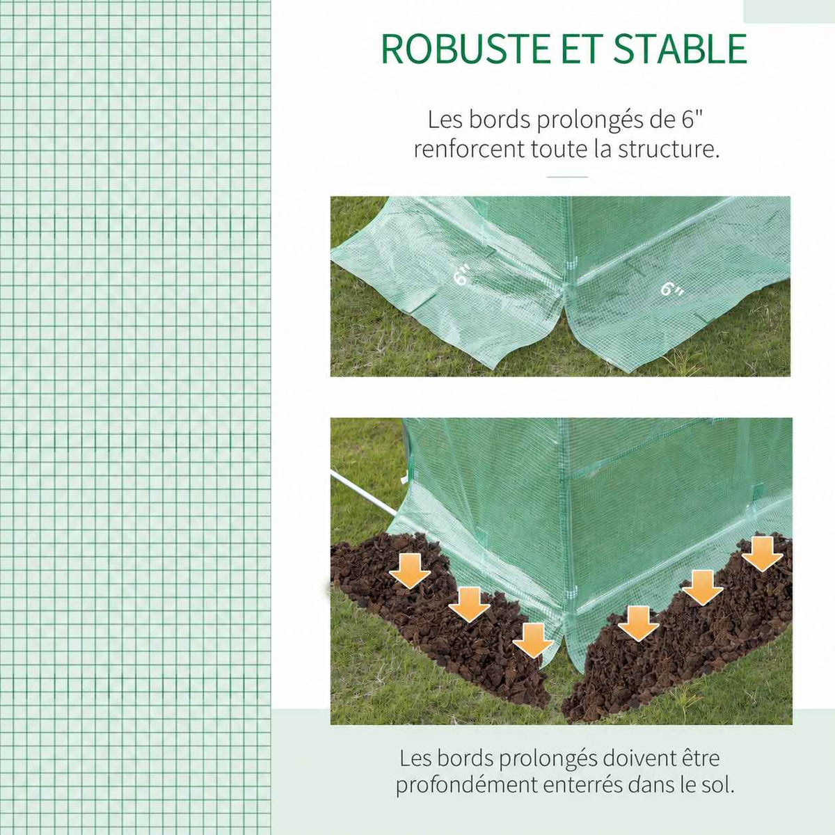 Bâche verte tramée et détail du bord prolongé à enterrer