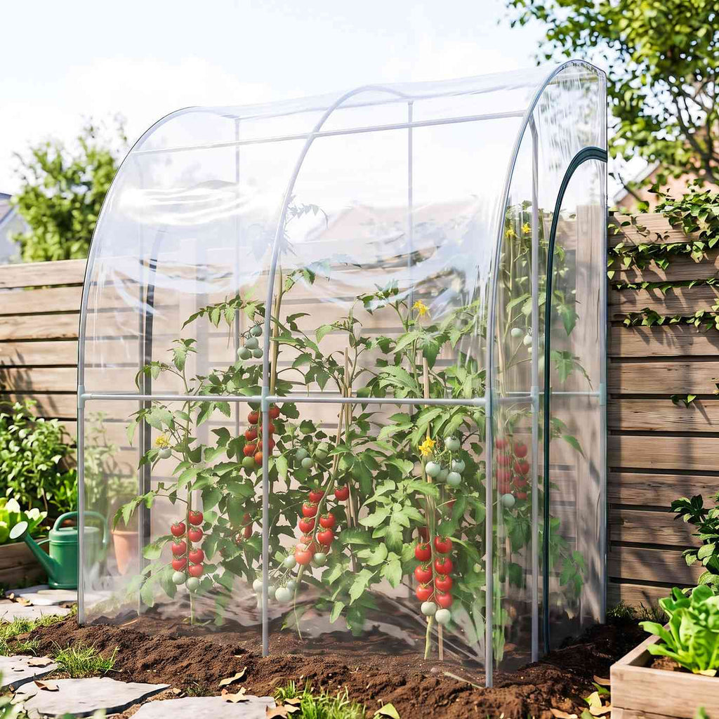 Serre adossée transparente avec plants de tomates devant une clôture en bois