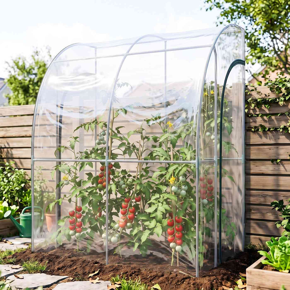 Serre adossée transparente avec plants de tomates devant une clôture en bois