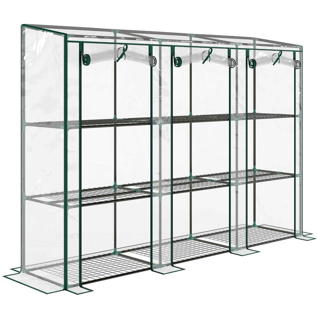 Large serre de balcon transparente avec trois portes enroulées et étagères